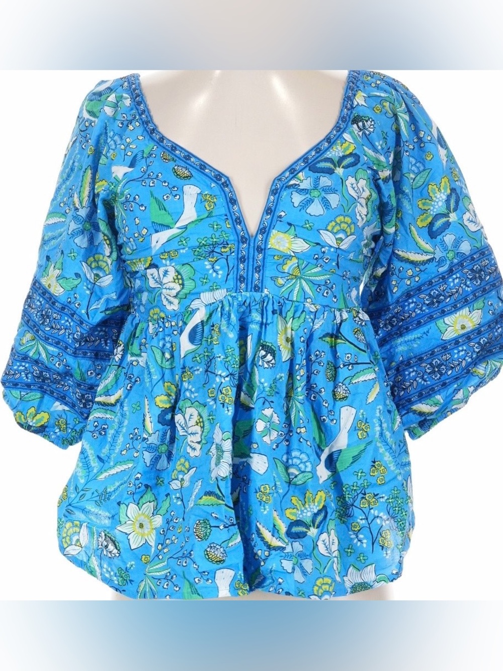 Printfresh Women's Blue Floral Smocked Peasant Blouse Size XS 100% Cotton Top